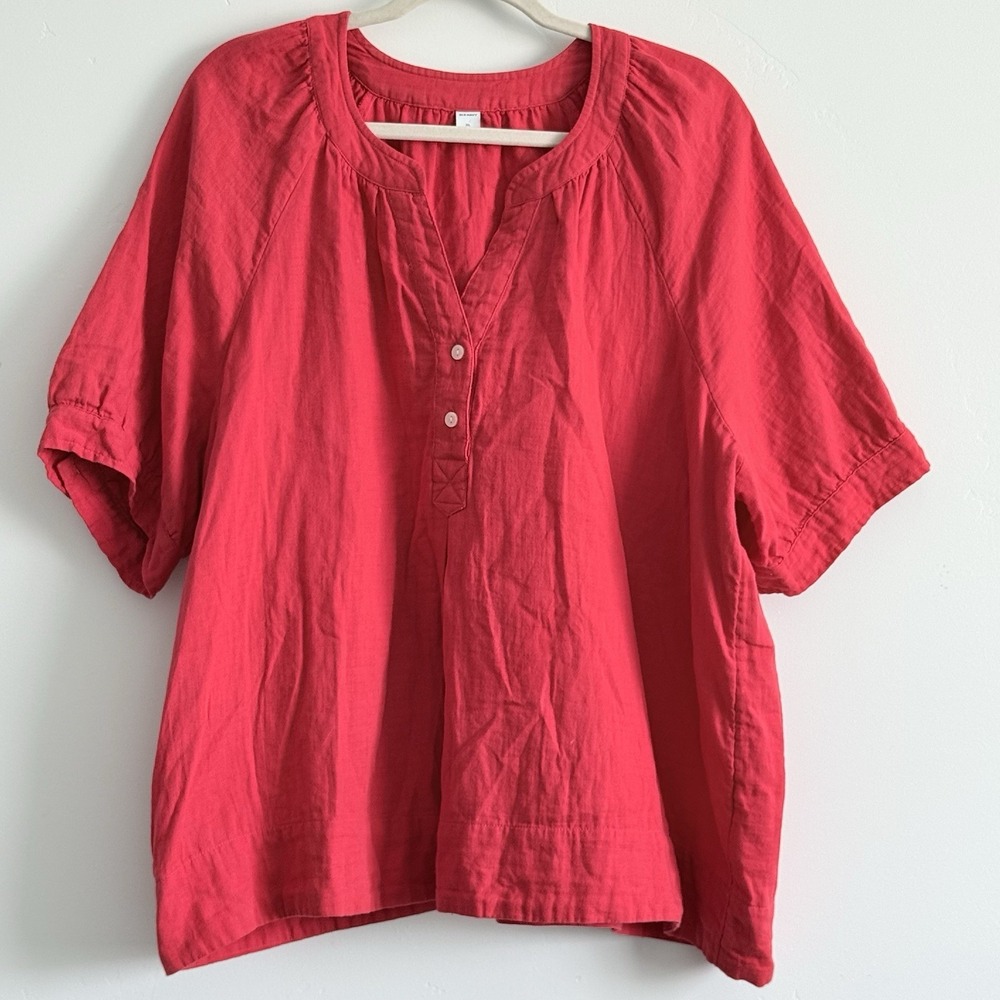 Old Navy Oversize Blouse Top XL Lagenlook Garden Girl Natural Bright BBQ Red